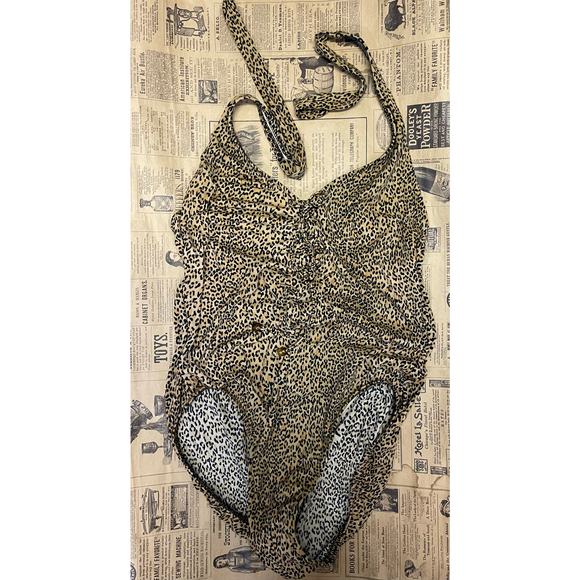 Vintage 1990s Leopard Print Halter Lace Up Bust High Cut Ome Piece Swimsuit M/L - Picture 6 of 10